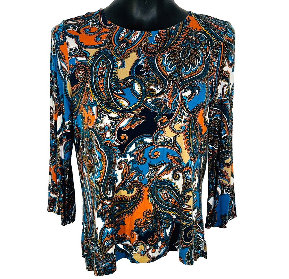 Ruby Rd. - Women's M Petite Knit Top Teal Copper Tan 3/4 Sleeve Boat Neck